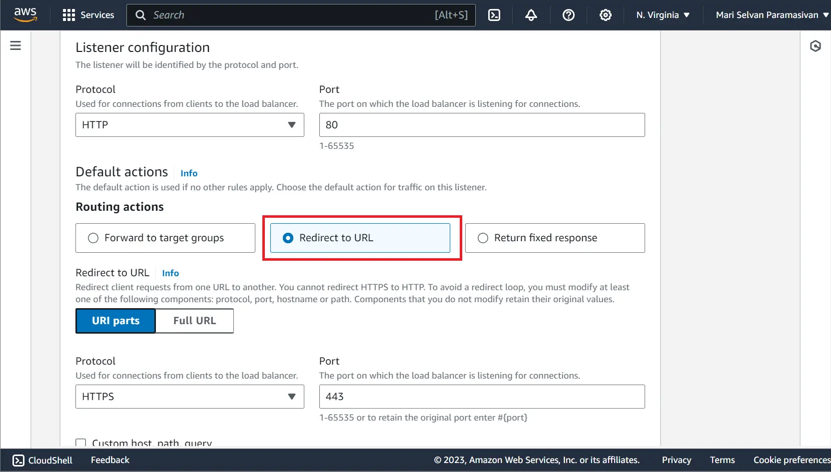 ALB rule editor redirect to HTTPS listener details