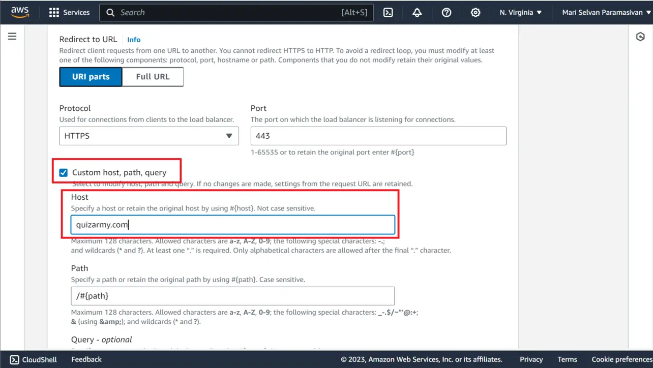 ALB redirect URL configuration with host path query parts