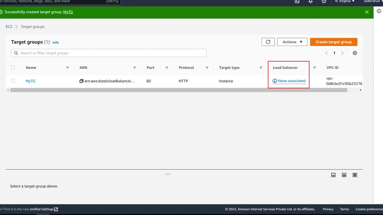 Target group details and load balancer association in console