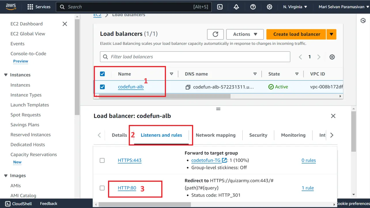 Application Load Balancer HTTP listener on port 80 in the EC2 console