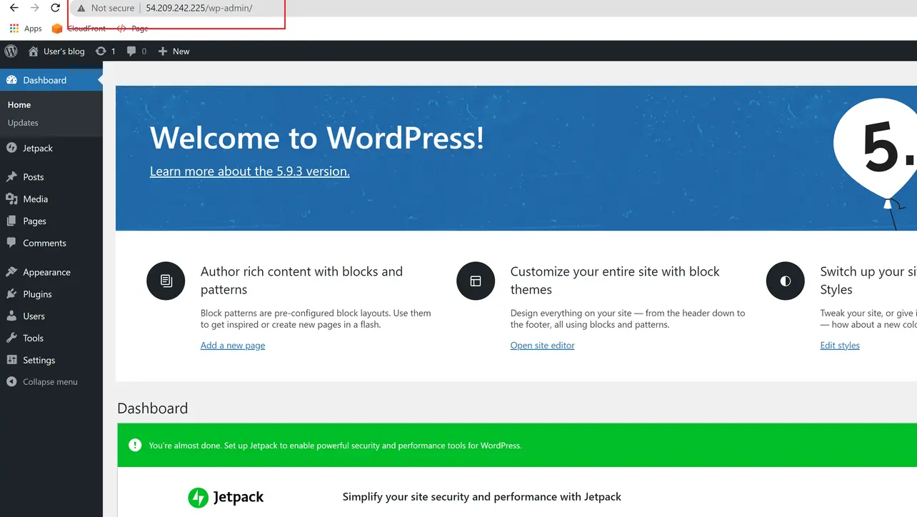 WordPress admin dashboard after login