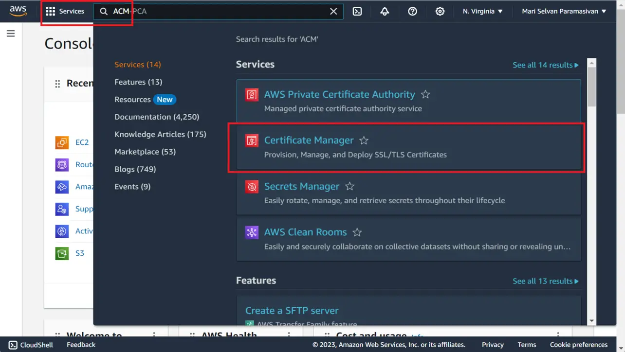 AWS console navigation to Certificate Manager