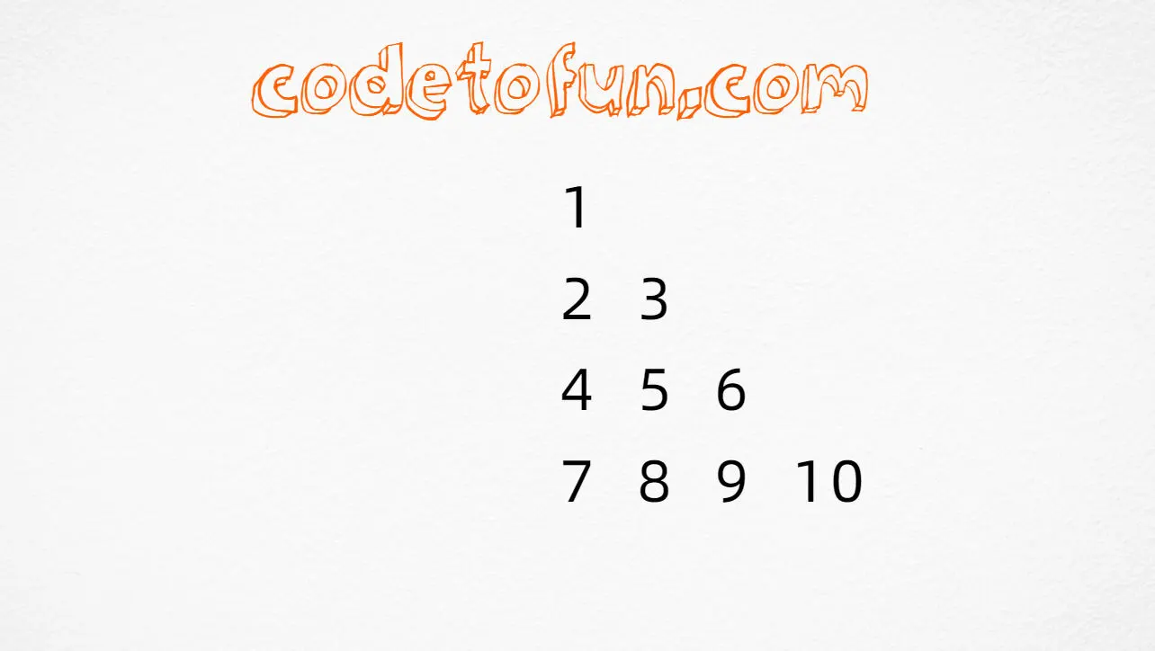 Continuous number triangle output (1, 2 3, 4 5 6, 7 8 9 10) in JavaScript programming