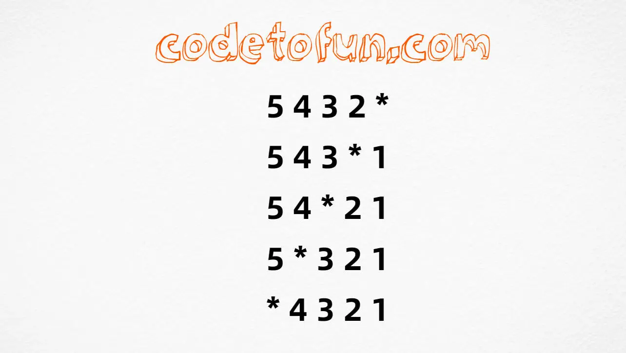 Descending numbers with diagonal asterisk output (5432*, 543*1, 54*21, 5*321, *4321) in JavaScript programming