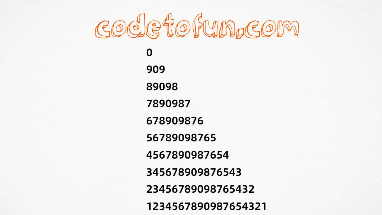 Symmetric number pattern around 0 output ending with 1234567890987654321 in JavaScript programming