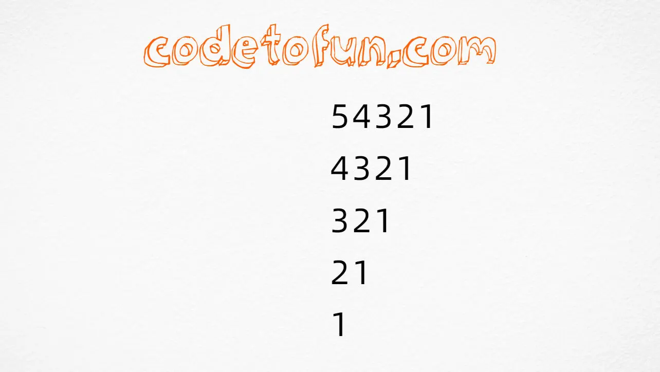 Reverse descending number triangle output (54321, 4321, 321, 21, 1) in JavaScript programming