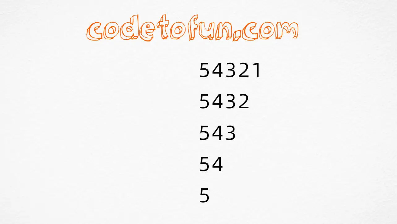 Reverse left-shifted number pattern output (54321, 5432, 543, 54, 5) in C# programming