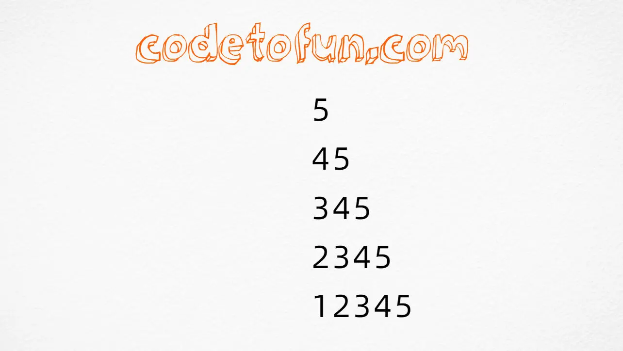 Reverse-start ascending number triangle output (5, 45, 345, 2345, 12345) in JavaScript programming