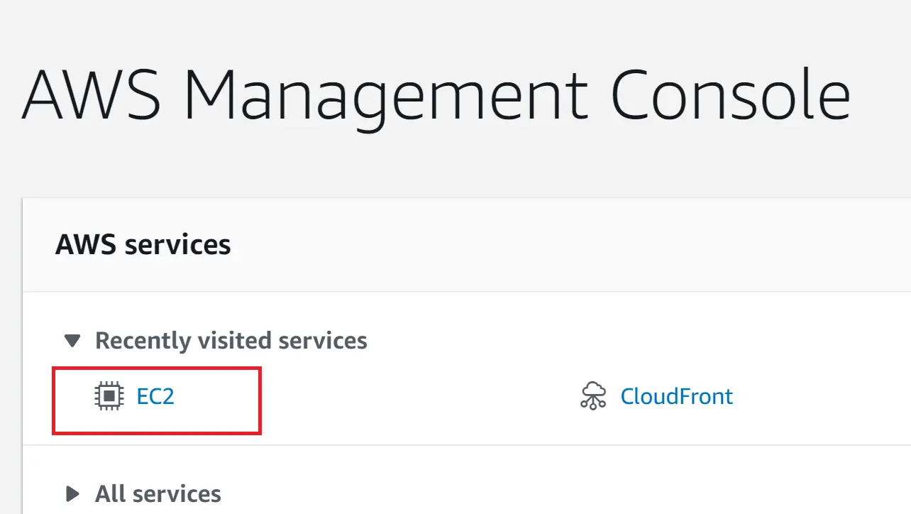 AWS console navigation to EC2 dashboard