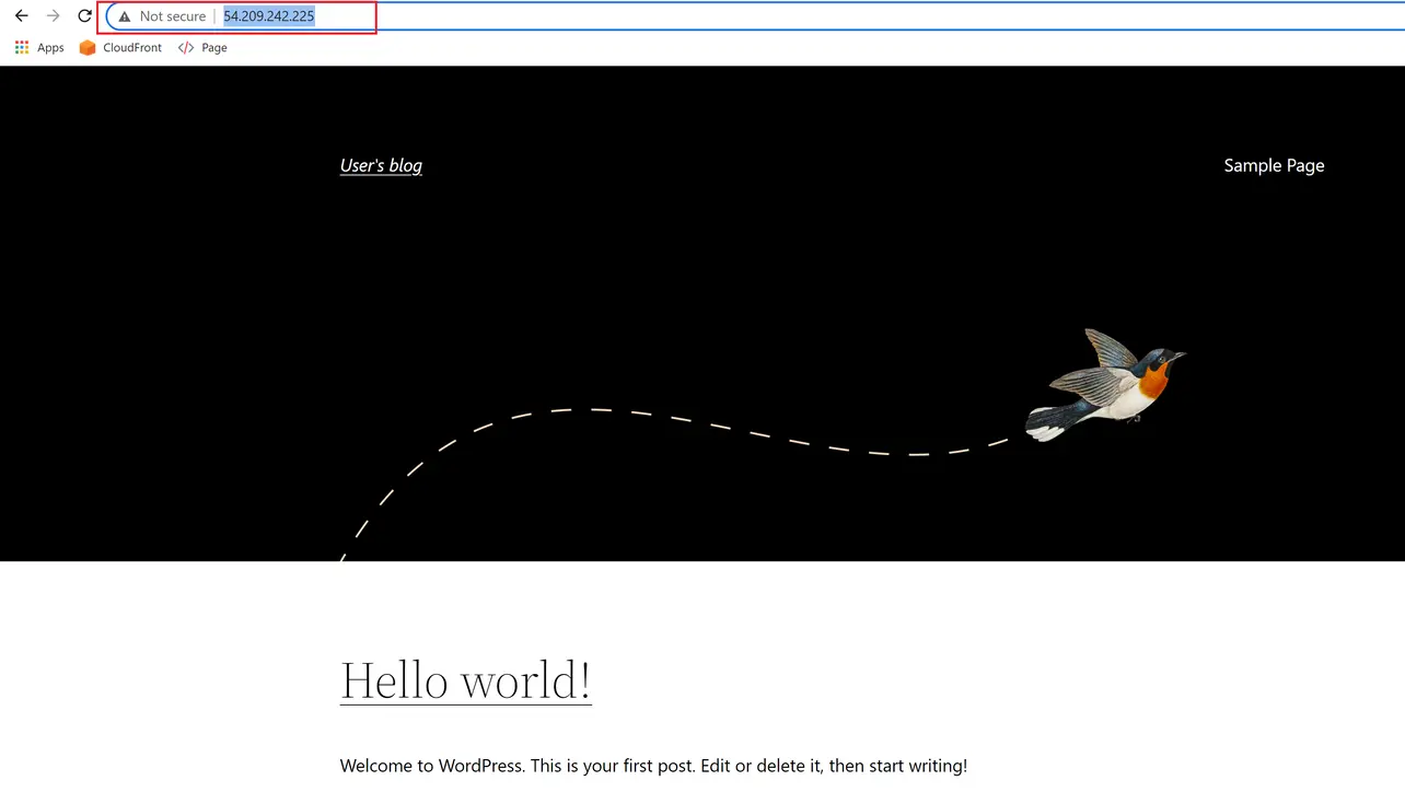 Browser showing default WordPress site on EC2 public IP