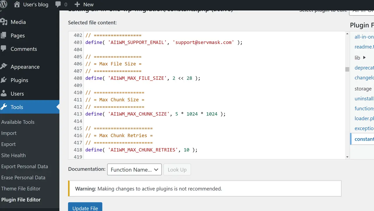 WordPress plugin file editor context for migration plugin
