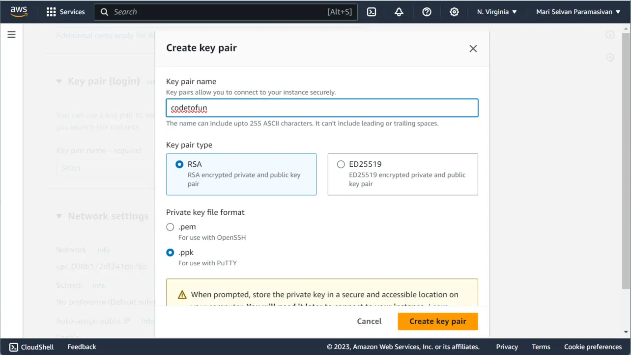 Create key pair dialog with RSA and private key format
