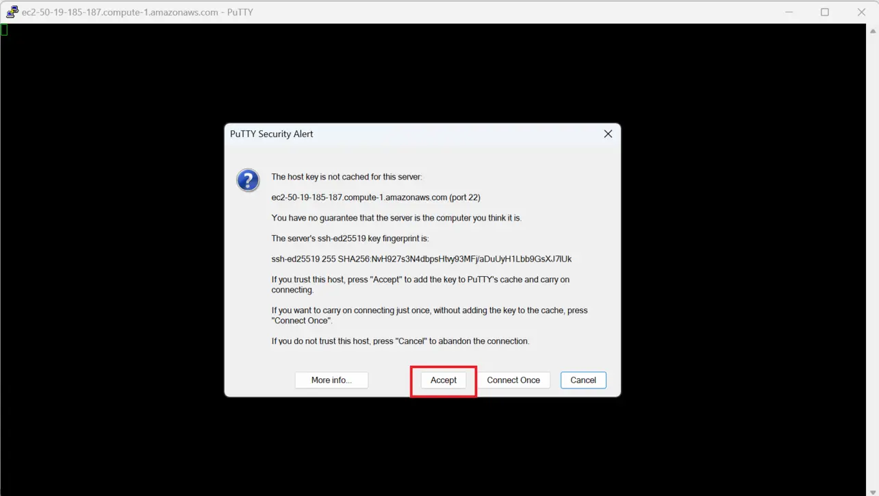 PuTTY security alert accept host key