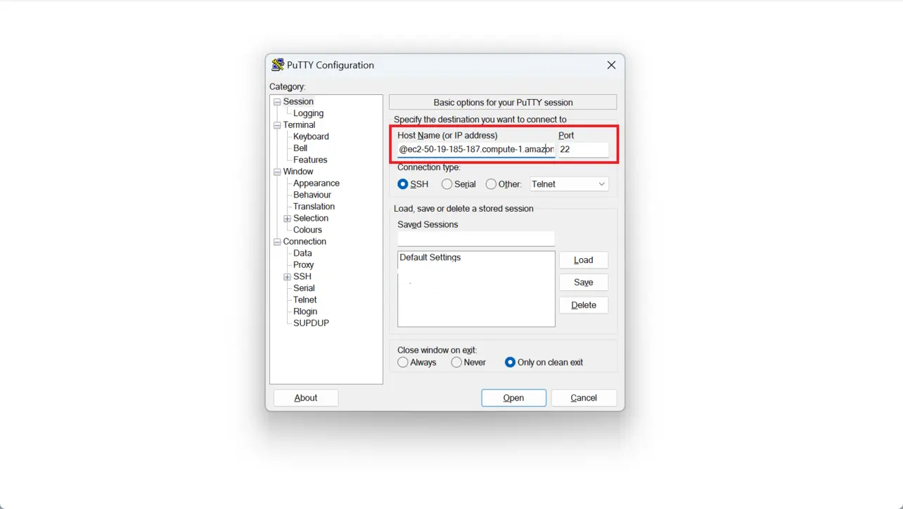PuTTY session dialog with EC2 hostname and port 22