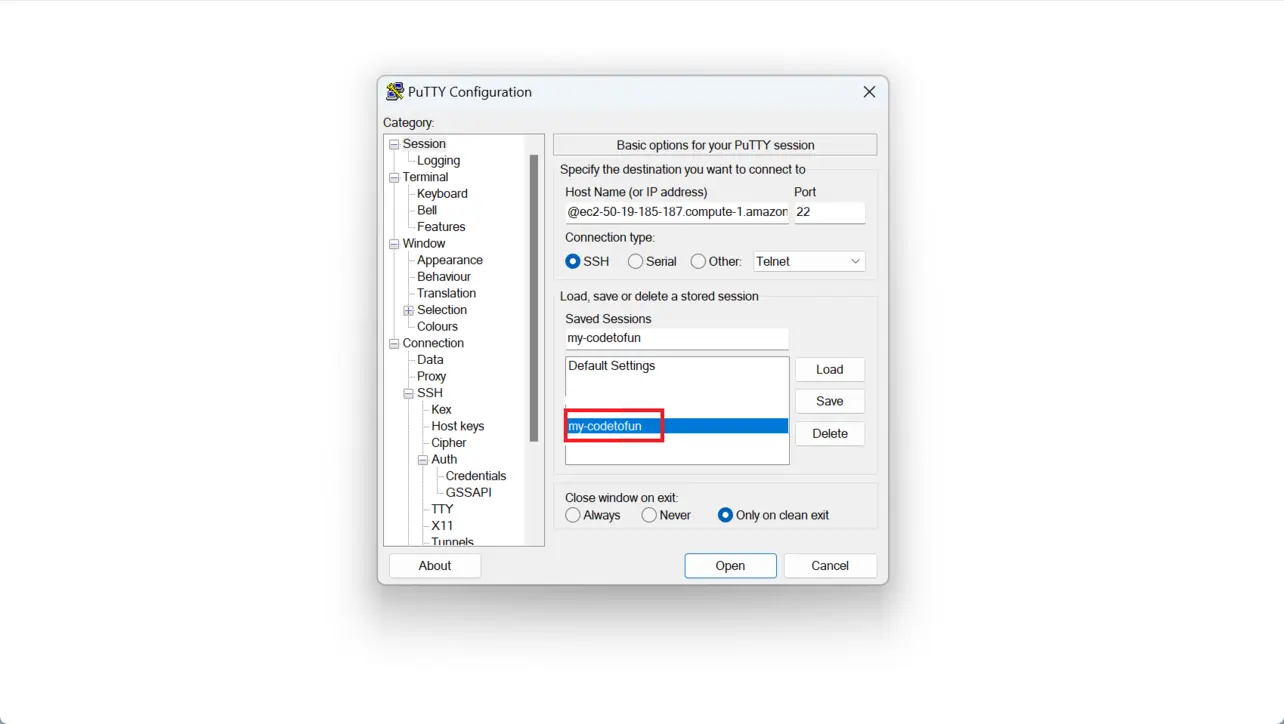 PuTTY saved sessions list with Open button