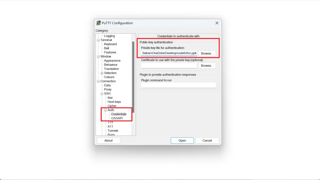 PuTTY SSH Auth credentials with PPK private key