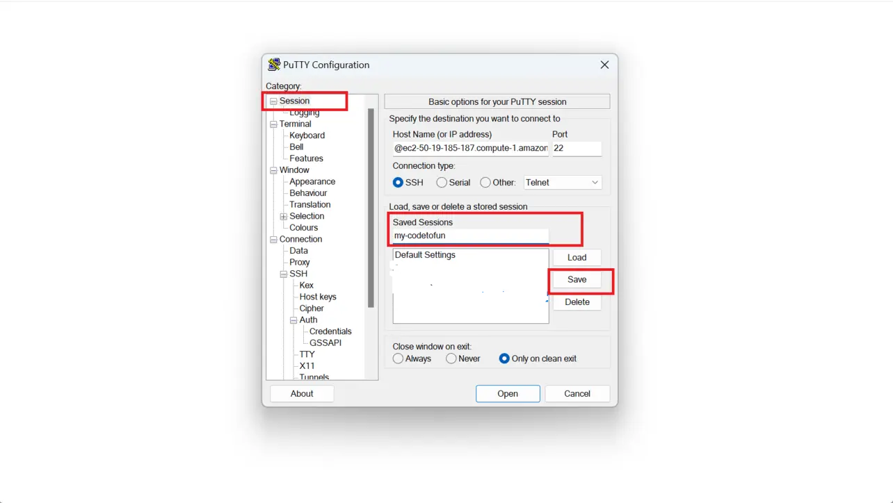 PuTTY save session with a custom session name