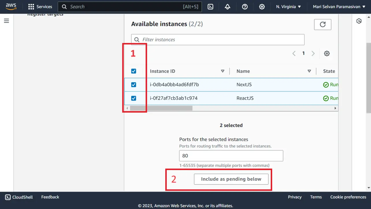 Register targets step selecting EC2 instances for target group