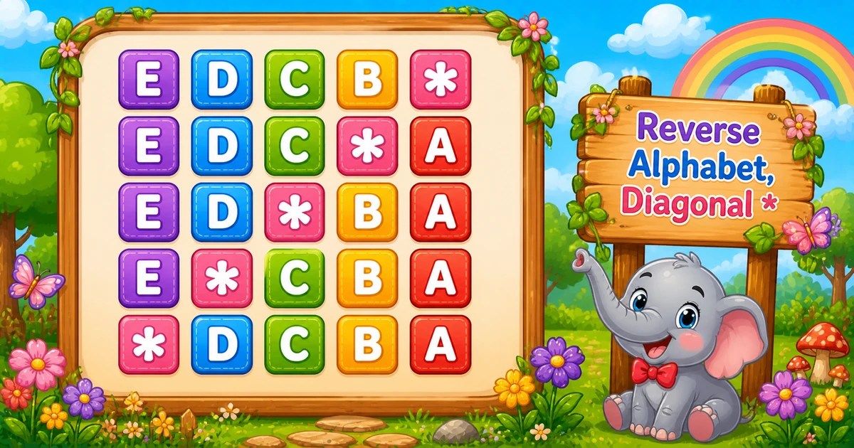 Reverse alphabet rows EDCBA with one star per row on a diagonal in C++