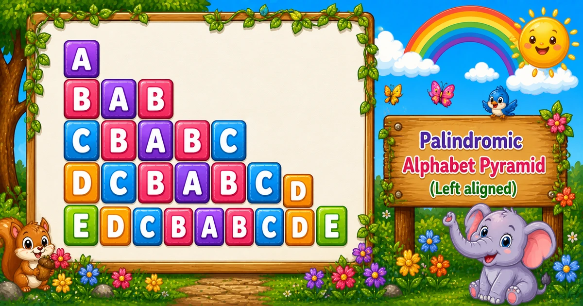 Palindromic alphabet pyramid A BAB CBABC through EDCBABCDE in C++