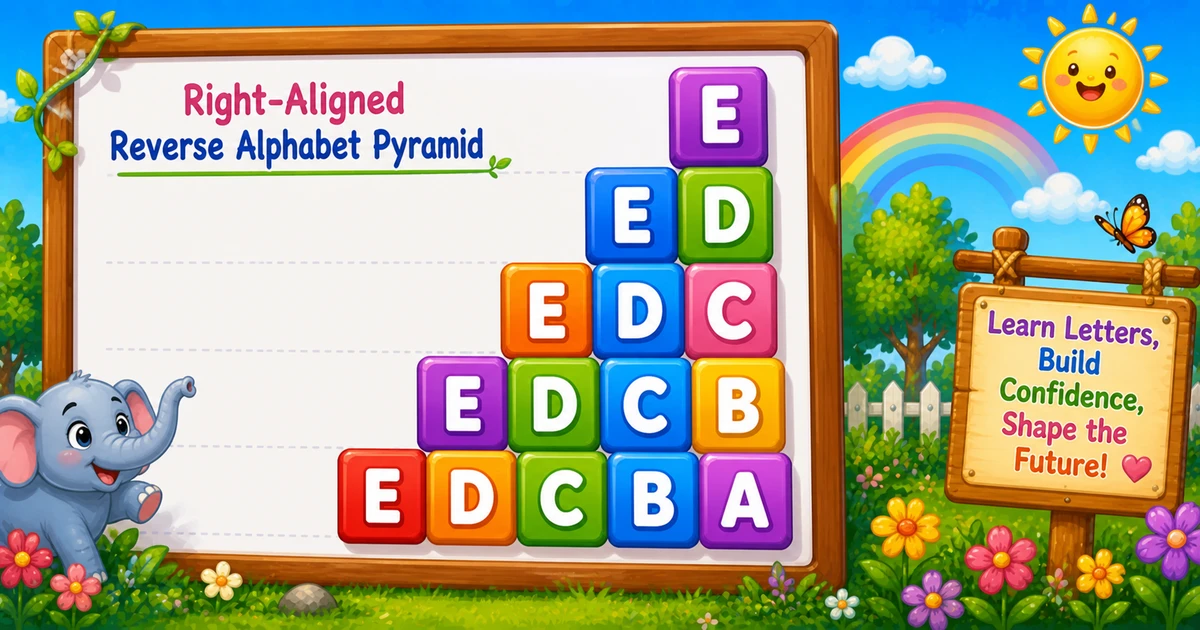 Right-aligned reverse alphabet pyramid E through E D C B A in C++