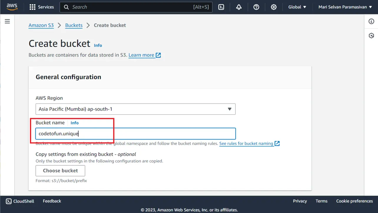 S3 bucket general configuration name and Region