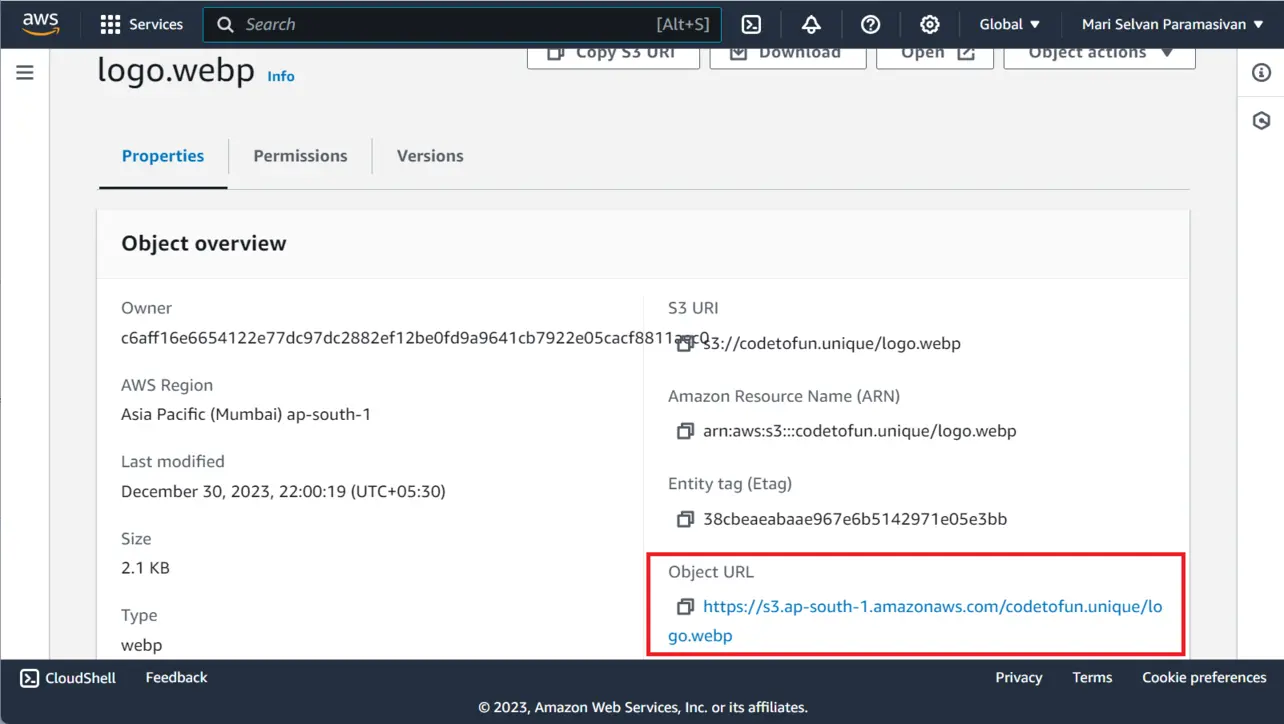 S3 object details showing Object URL