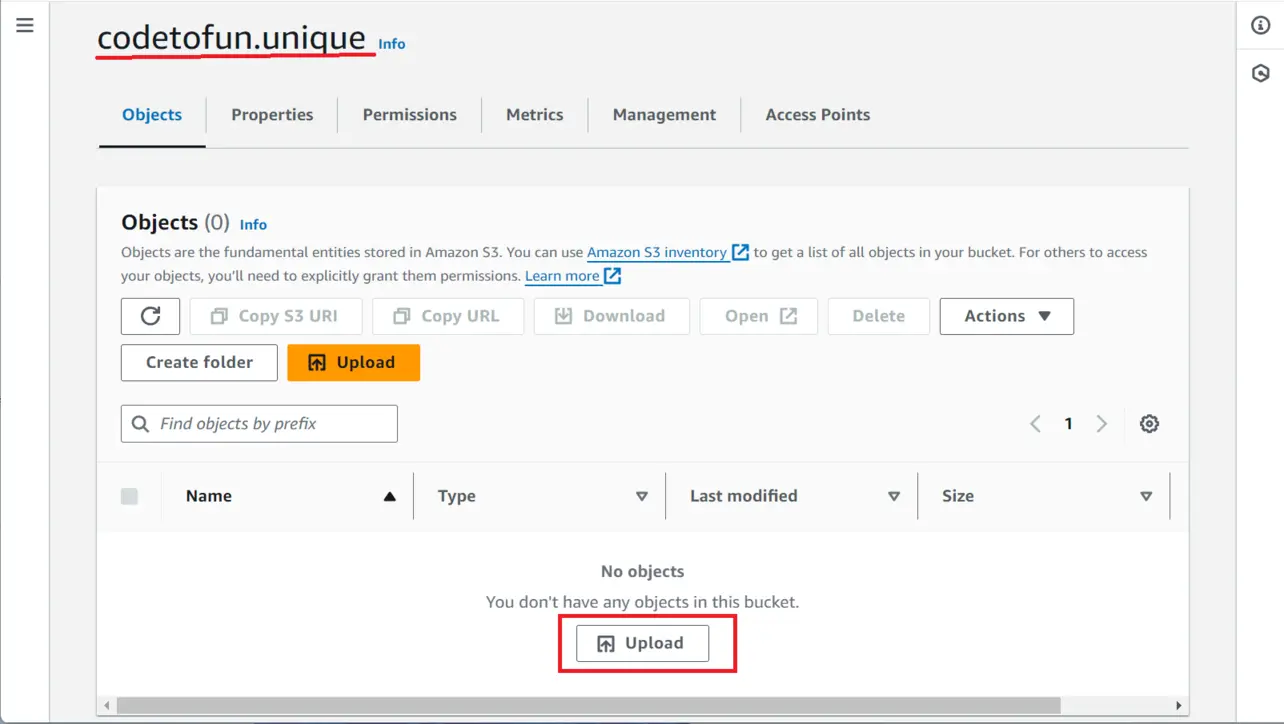 S3 bucket upload button in the console