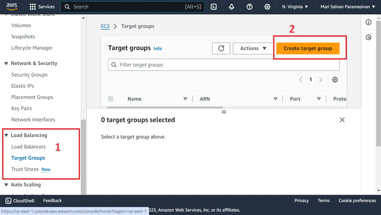 Target Groups in EC2 Load Balancing menu with Create target group