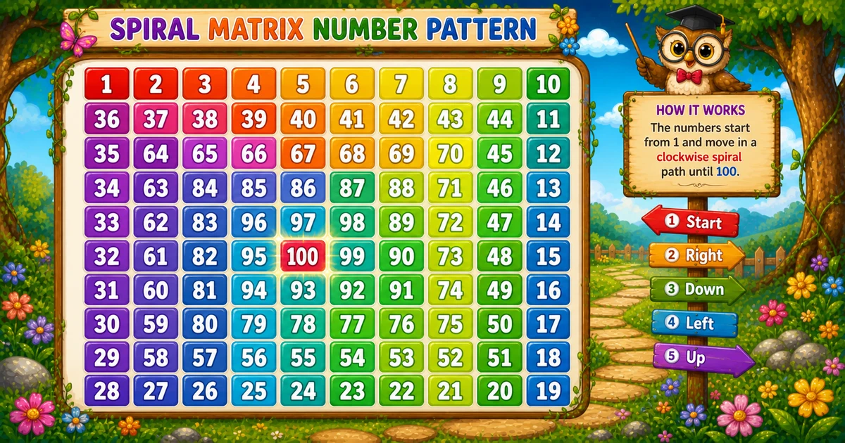 Perfect square spiral number pattern output in Python (10×10 spiral from 1 to 100)