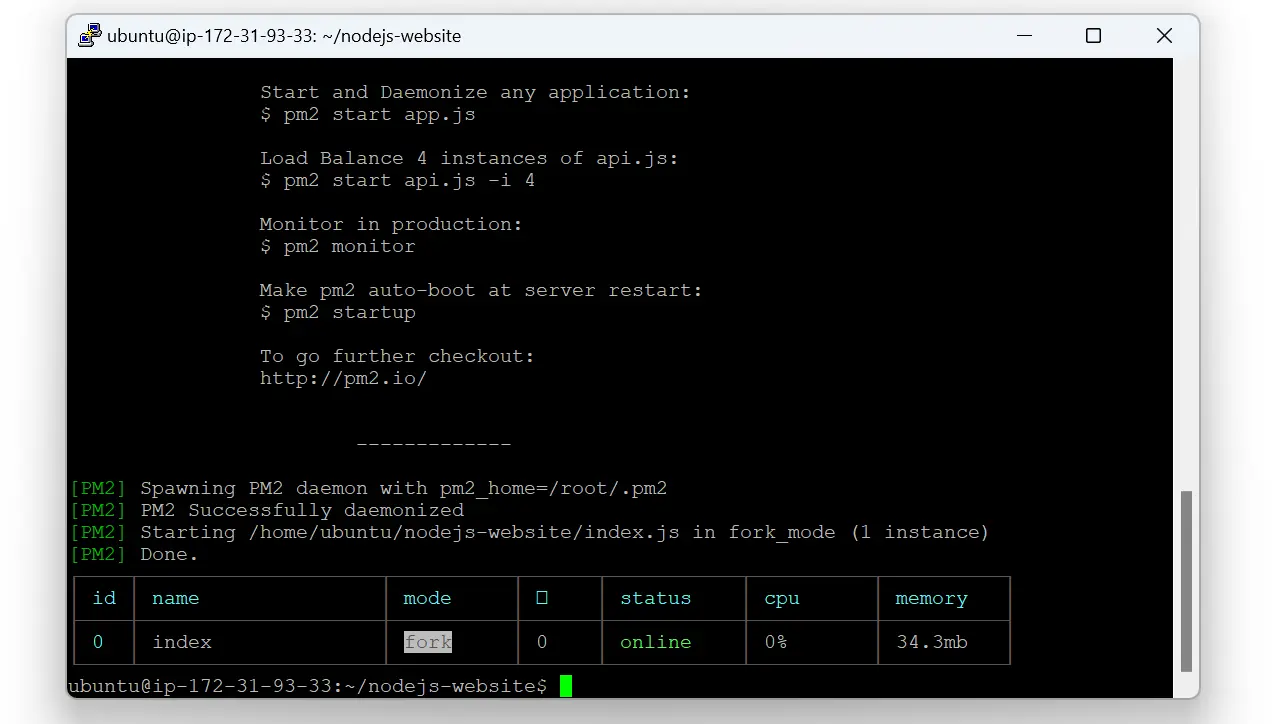 PM2 start index.js on EC2