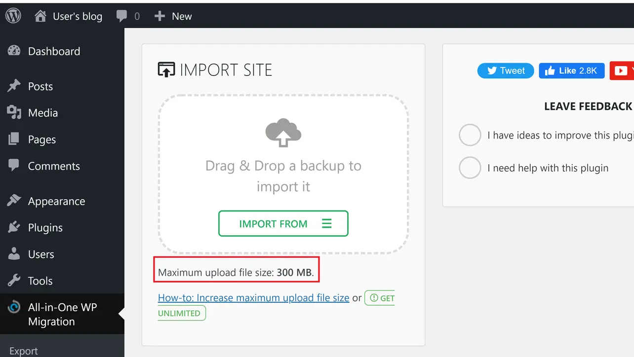 All-in-One WP Migration showing increased maximum upload file size