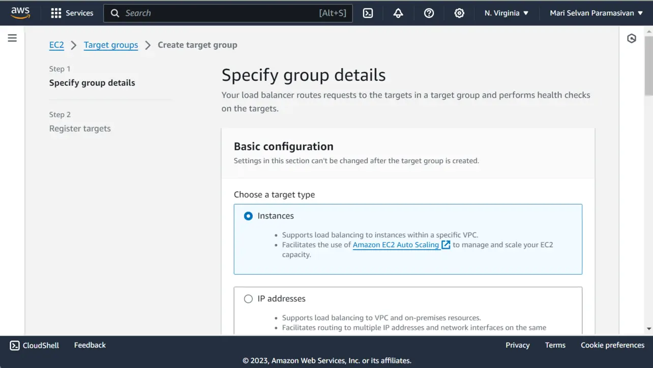 Target group basic configuration wizard in EC2 console
