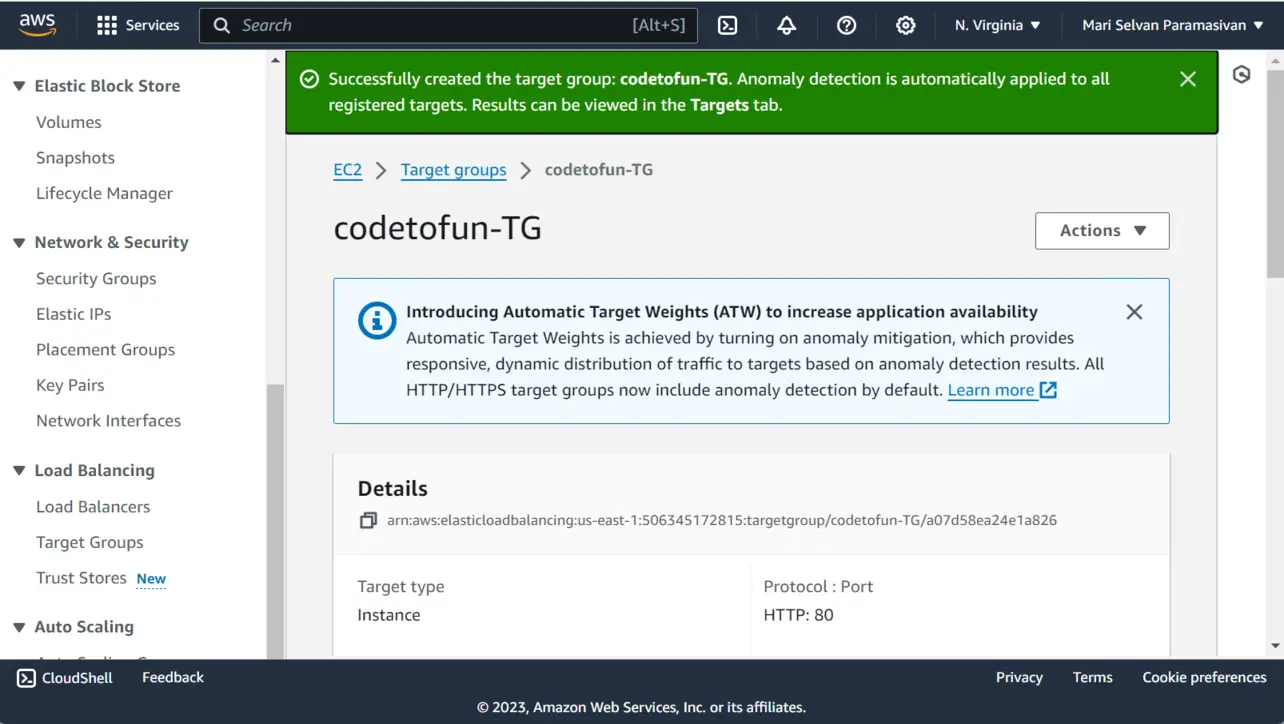 Target group created successfully in EC2 console list