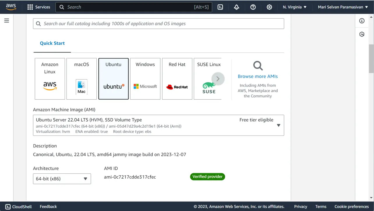 Launch instance wizard with Ubuntu Server AMI selected