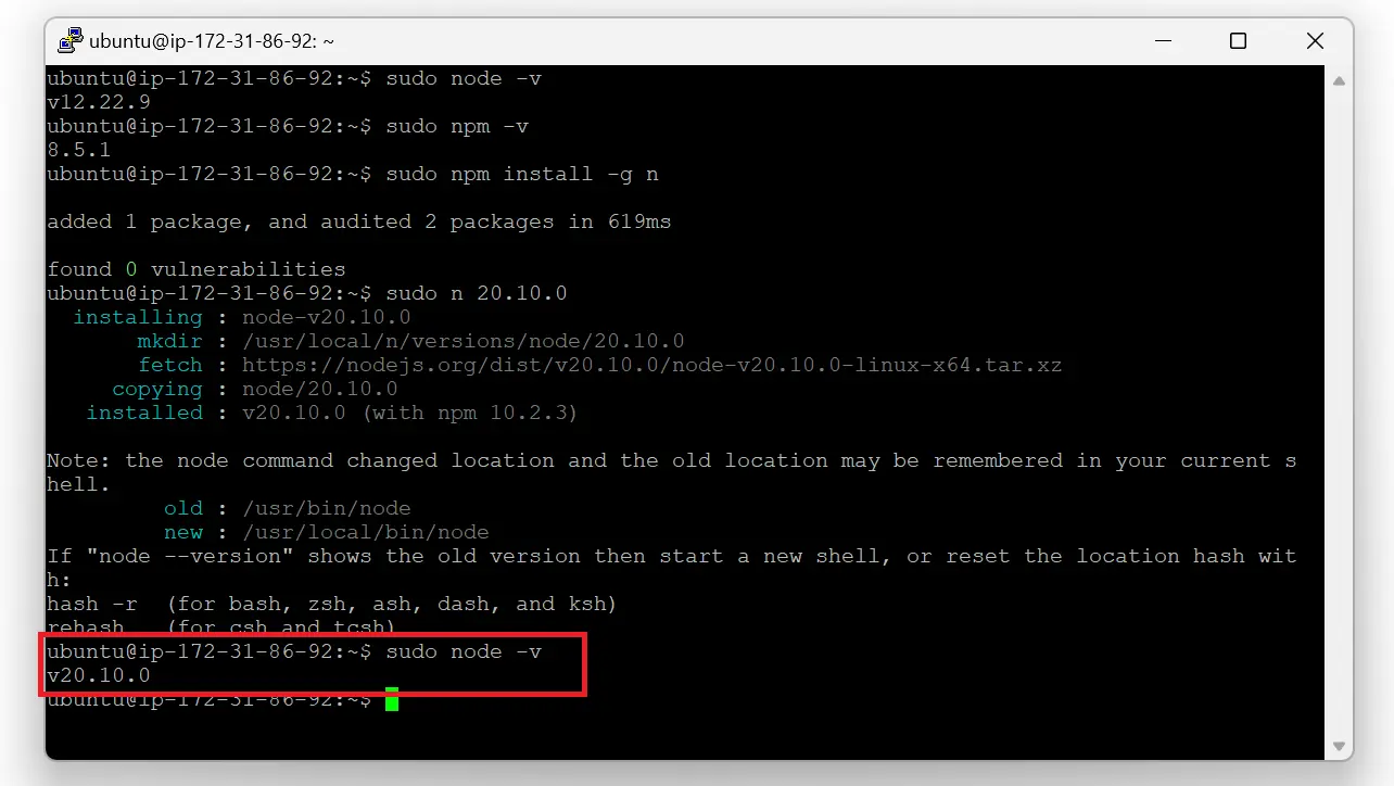 Terminal showing upgraded Node.js version after running n