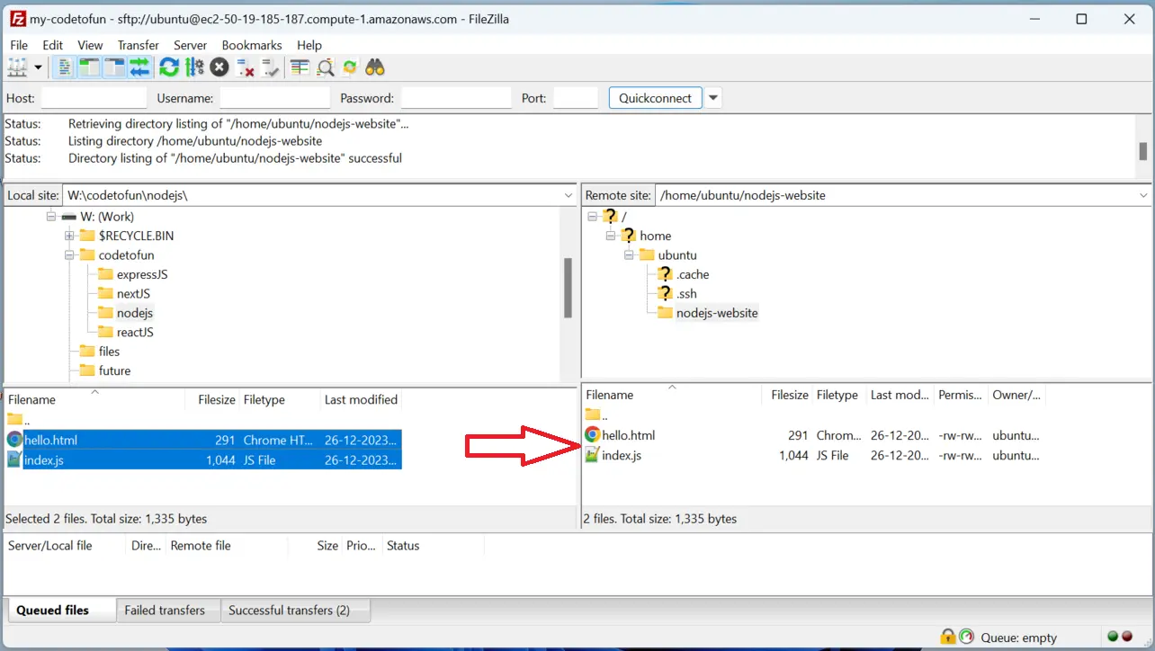 FileZilla uploading project files to EC2
