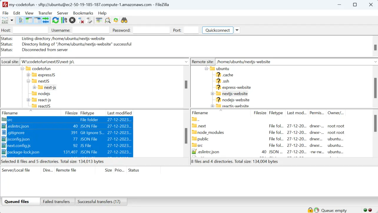 FileZilla uploading Next.js project to EC2