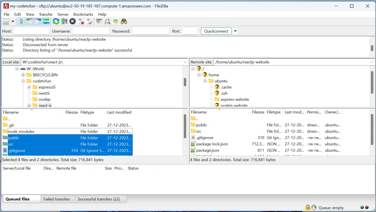 FileZilla uploading React project to EC2