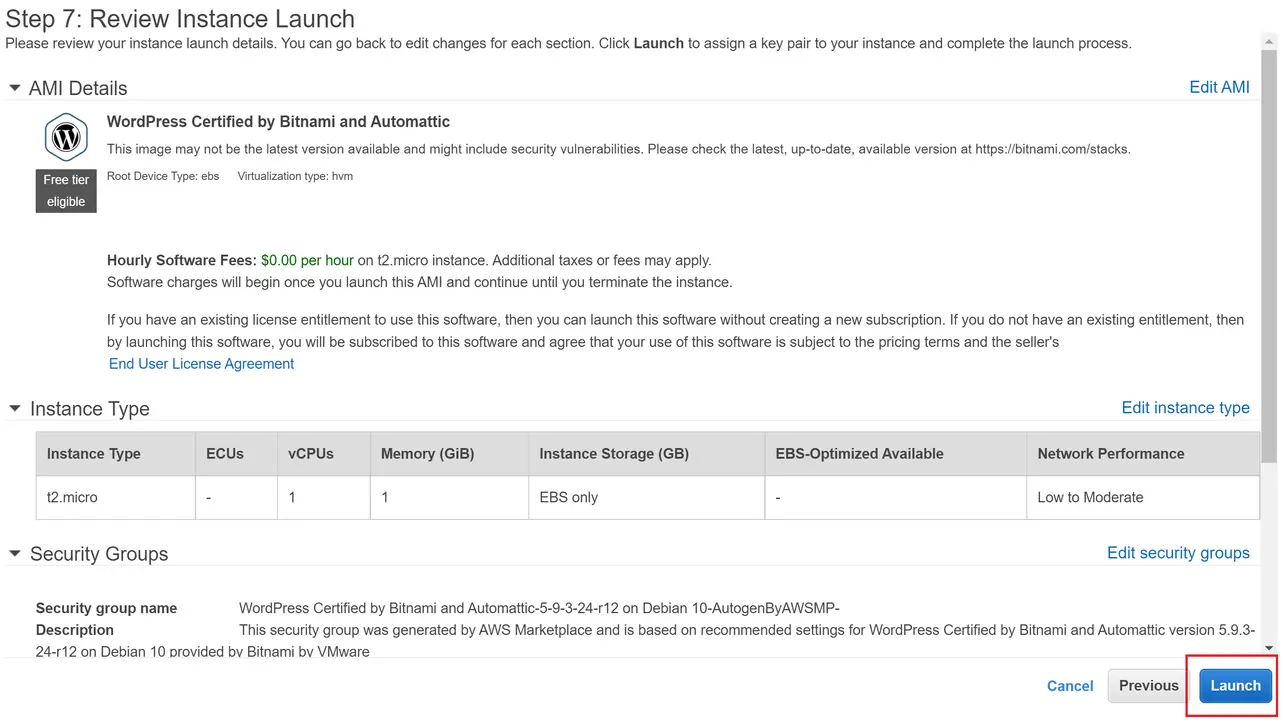 EC2 launch wizard review and launch