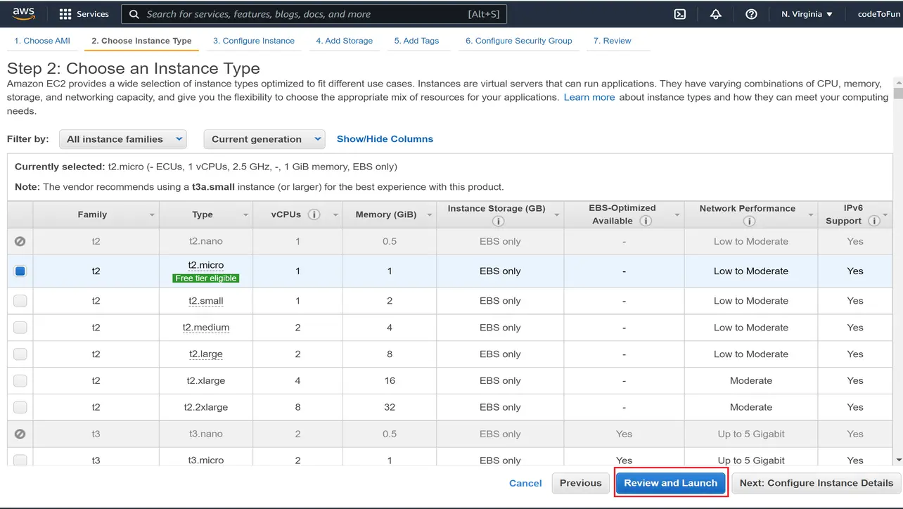 EC2 instance type t2.micro selected for WordPress